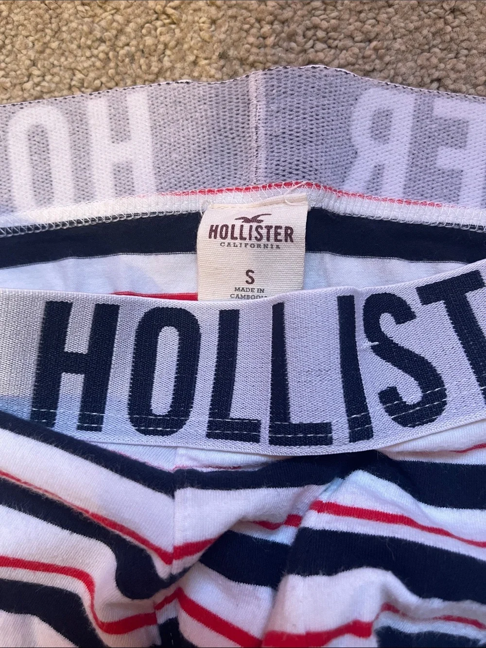Hollister Men's Navy, White & Red Striped Boxer Briefs